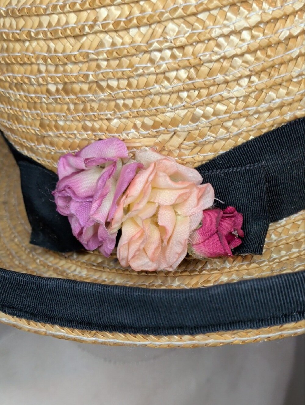 Vintage Tan Straw Sun Hat Bowler Black Ribbon Trim and Pink Flower - Picture 3 of 9